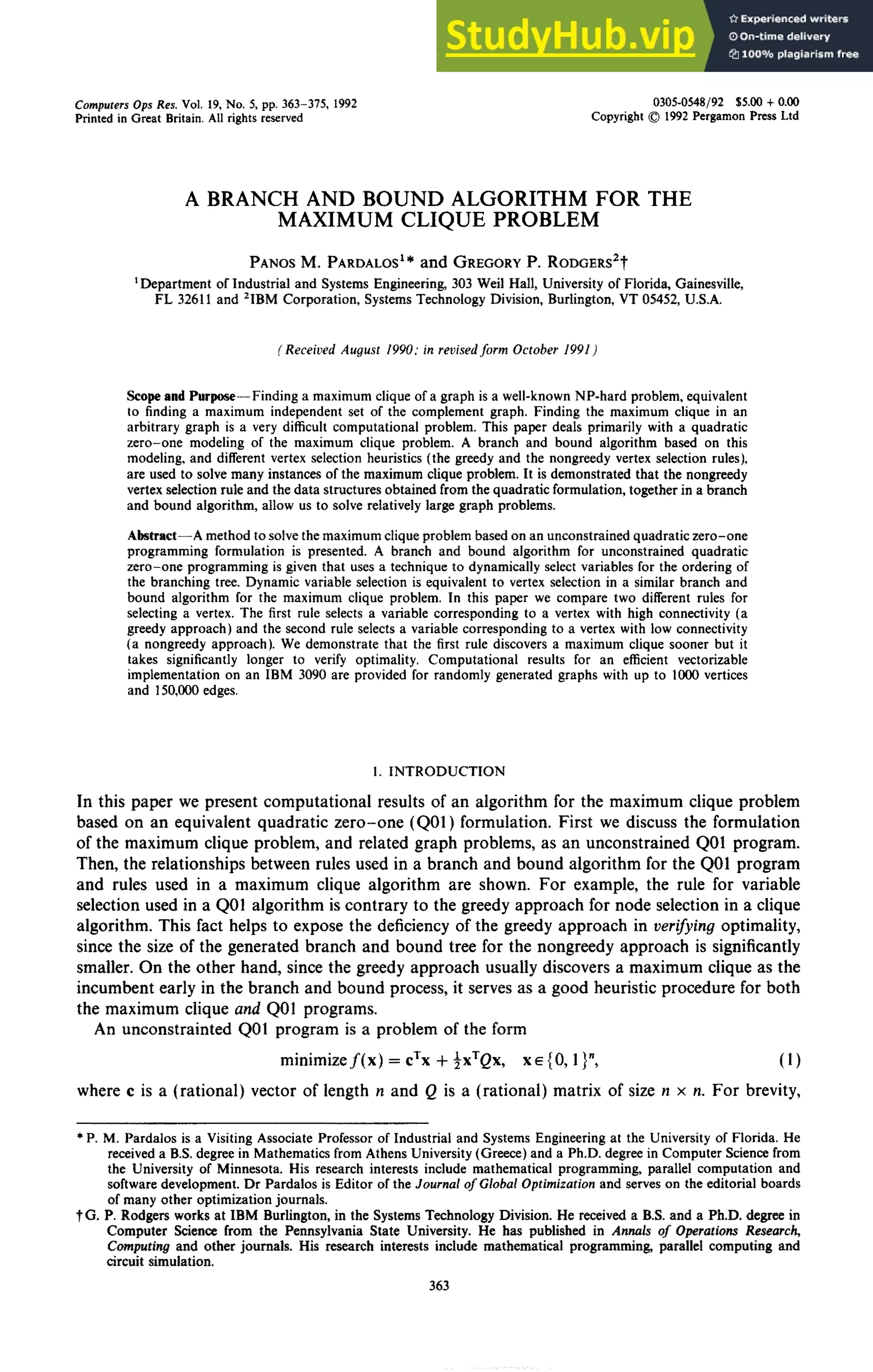 A Branch And Bound Algorithm For The Maximum Clique Problem | PDF