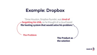 Example: Dropbox
“Drew Houston, Dropbox founder, was tired of
forgetting his USB, so he thought of a cloud based
file hosting system that would solve his problem.”
The Problem
The Product as
the solution
 