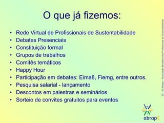 O que já fizemos: Rede Virtual de Profissionais de Sustentabilidade  Debates Presenciais Constituição formal Grupos de trabalhos Comitês temáticos Happy Hour Participação em debates: Eima8, Fiemg, entre outros. Pesquisa salarial - lançamento Descontos em palestras e seminários Sorteio de convites gratuitos para eventos 