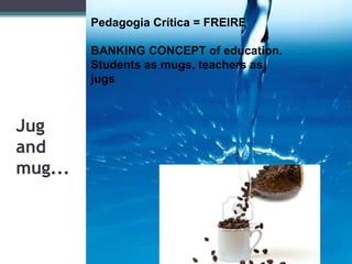 Pedagogia Crítica = FREIRE

         BANKING CONCEPT of education.
         Students as mugs, teachers as
         jugs



Jug
and
mug...
 