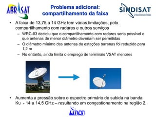 Problema adicional:
compartilhamento da faixa
• A faixa de 13,75 a 14 GHz tem várias limitações, pelo
compartilhamento com radares e outros serviços
– WRC-03 decidiu que o compartilhamento com radares seria possível e
que antenas de menor diâmetro deveriam ser permitidas
– O diâmetro mínimo das antenas de estações terrenas foi reduzido para
1,2 m
– No entanto, ainda limita o emprego de terminais VSAT menores
• Aumenta a pressão sobre o espectro primário de subida na banda
Ku - 14 a 14,5 GHz – resultando em congestionamento na região 2.
 