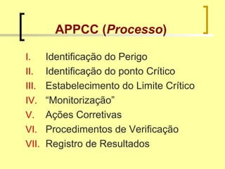 APPCC (Processo)
I. Identificação do Perigo
II. Identificação do ponto Crítico
III. Estabelecimento do Limite Crítico
IV. “Monitorização”
V. Ações Corretivas
VI. Procedimentos de Verificação
VII. Registro de Resultados
 