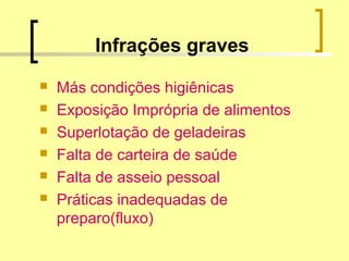 Infrações graves
 Más condições higiênicas
 Exposição Imprópria de alimentos
 Superlotação de geladeiras
 Falta de carteira de saúde
 Falta de asseio pessoal
 Práticas inadequadas de
preparo(fluxo)
 