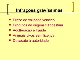 Infrações gravíssimas
 Prazo de validade vencido
 Produtos de origem clandestina
 Adulteração e fraude
 Animais vivos sem licença
 Desacato à autoridade
 