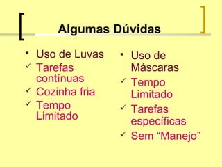 Algumas Dúvidas
 Uso de Luvas
 Tarefas
contínuas
 Cozinha fria
 Tempo
Limitado
 Uso de
Máscaras
 Tempo
Limitado
 Tarefas
específicas
 Sem “Manejo”
 