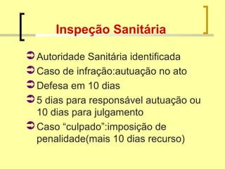 Inspeção Sanitária
Autoridade Sanitária identificada
Caso de infração:autuação no ato
Defesa em 10 dias
5 dias para responsável autuação ou
10 dias para julgamento
Caso “culpado”:imposição de
penalidade(mais 10 dias recurso)
 
