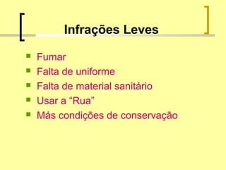 Infrações Leves
 Fumar
 Falta de uniforme
 Falta de material sanitário
 Usar a “Rua”
 Más condições de conservação
 