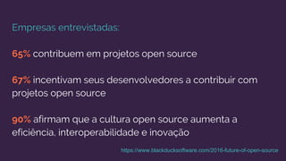 https://www.blackducksoftware.com/2016-future-of-open-source
Empresas entrevistadas:
65% contribuem em projetos open source
67% incentivam seus desenvolvedores a contribuir com
projetos open source
90% afirmam que a cultura open source aumenta a
eficiência, interoperabilidade e inovação
 