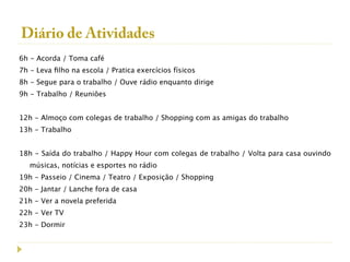 Diário de Atividades
6h - Acorda / Toma café
7h - Leva ﬁlho na escola / Pratica exercícios físicos
8h - Segue para o trabalho / Ouve rádio enquanto dirige
9h - Trabalho / Reuniões


12h - Almoço com colegas de trabalho / Shopping com as amigas do trabalho
13h - Trabalho


18h - Saída do trabalho / Happy Hour com colegas de trabalho / Volta para casa ouvindo
   músicas, notícias e esportes no rádio
19h - Passeio / Cinema / Teatro / Exposição / Shopping
20h - Jantar / Lanche fora de casa
21h - Ver a novela preferida
22h - Ver TV
23h - Dormir
 