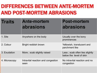 DIFFERENCES BETWEEN ANTE-MORTEM
AND POST-MORTEM ABRASIONS
Traits Ante-mortem
abrasions
Post-mortem
abrasions
1. Site Anywhere on the body Usually over the bony
prominences
2. Colour Bright reddish brown Yellowish, translucent and
parchment like
3. Exudation More ; scab slightly raised Less ; scab often lies slightly
below the level of skin
4. Microscopy Intravital reaction and congestion
seen
No intravital reaction and no
congestion
 