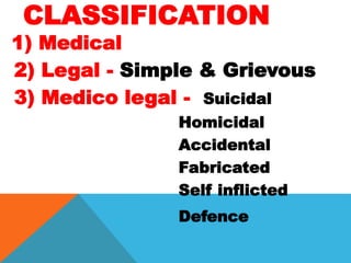 CLASSIFICATION
1) Medical
2) Legal - Simple & Grievous
3) Medico legal - Suicidal
Homicidal
Accidental
Fabricated
Self inflicted
Defence
 
