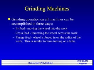 Grinding Machines Grinding operation on all machines can be accomplished in three ways: In-feed - moving the wheel into the work Cross feed - traversing the wheel across the work Plunge feed - wheel is forced in on the radius of the work.  This is similar to form turning on a lathe. 