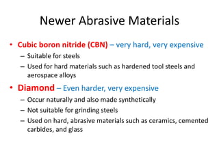 Newer Abrasive Materials
• Cubic boron nitride (CBN) – very hard, very expensive
– Suitable for steels
– Used for hard materials such as hardened tool steels and
aerospace alloys
• Diamond – Even harder, very expensive
– Occur naturally and also made synthetically
– Not suitable for grinding steels
– Used on hard, abrasive materials such as ceramics, cemented
carbides, and glass
 