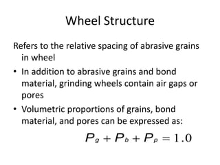 Wheel Structure
Refers to the relative spacing of abrasive grains
in wheel
• In addition to abrasive grains and bond
material, grinding wheels contain air gaps or
pores
• Volumetric proportions of grains, bond
material, and pores can be expressed as:
0
1.


 p
b
g P
P
P
 