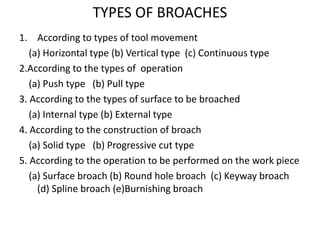 TYPES OF BROACHES
1. According to types of tool movement
(a) Horizontal type (b) Vertical type (c) Continuous type
2.According to the types of operation
(a) Push type (b) Pull type
3. According to the types of surface to be broached
(a) Internal type (b) External type
4. According to the construction of broach
(a) Solid type (b) Progressive cut type
5. According to the operation to be performed on the work piece
(a) Surface broach (b) Round hole broach (c) Keyway broach
(d) Spline broach (e)Burnishing broach
 