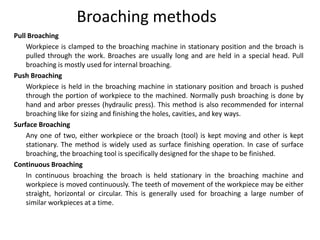 Broaching methods
Pull Broaching
Workpiece is clamped to the broaching machine in stationary position and the broach is
pulled through the work. Broaches are usually long and are held in a special head. Pull
broaching is mostly used for internal broaching.
Push Broaching
Workpiece is held in the broaching machine in stationary position and broach is pushed
through the portion of workpiece to the machined. Normally push broaching is done by
hand and arbor presses (hydraulic press). This method is also recommended for internal
broaching like for sizing and finishing the holes, cavities, and key ways.
Surface Broaching
Any one of two, either workpiece or the broach (tool) is kept moving and other is kept
stationary. The method is widely used as surface finishing operation. In case of surface
broaching, the broaching tool is specifically designed for the shape to be finished.
Continuous Broaching
In continuous broaching the broach is held stationary in the broaching machine and
workpiece is moved continuously. The teeth of movement of the workpiece may be either
straight, horizontal or circular. This is generally used for broaching a large number of
similar workpieces at a time.
 