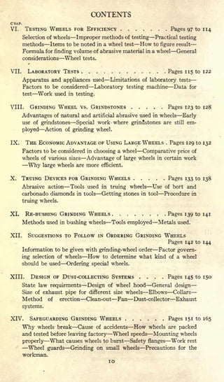CONTENTS
CHAP.
VI. TESTING WHEELS FOR EFFICIENCY Pages 97 to 114
Selection of wheels Improper methods of testing Practical testing
methods Items to be noted in a wheel test How to figure result
Formula for finding volume of abrasive material in a wheel General
considerations Wheel tests.
VII. LABORATORY TESTS Pages 115 to 122
Apparatus and appliances used Limitations of laboratory tests
Factors to be considered Laboratory testing machine Data for
test Work used in testing.
VIII. GRINDING WHEEL vs. GRINDSTONES Pages 123 to 128
Advantages of natural and artificial abrasive used in wheels Early
use of grindstones Special work where grindstones are still em-
ployed Action of grinding wheel.
IX. THE ECONOMIC ADVANTAGE OF USING LARGE WHEELS .
Pages 129 to 132
Factors to be considered in choosing a wheel Comparative price of
wheels of various sizes Advantage of large wheels in certain work
Why large wheels are more efficient.
X. TRUING DEVICES FOR GRINDING WHEELS Pages 133 to 138
Abrasive action Tools used in truing wheels Use of bort and
carbonado diamonds in tools Getting stones in tool Procedure in
truing wheels.
XI. RE-BUSHING GRINDING WHEELS Pages 139 to 141
Methods used in bushing wheels Tools employed Metals used.
XII. SUGGESTIONS TO FOLLOW IN ORDERING GRINDING WHEELS
Pages 142 to 144
Information to be given with grinding-wheel order Factor govern-
ing selection of wheels How to determine what kind of a wheel
should be used Ordering special wheels.
XIII. DESIGN OF DUST-COLLECTING SYSTEMS .... Pages 145 to 150
State law requirments Design of wheel hood General design
Size of exhaust pipe for different size wheels Elbows Collars
Method of erection Clean-out Fan Dust-collector Exhaust
systems.
XIV. SAFEGUARDING GRINDING WHEELS Pages 151 to 165
Why wheels break Cause of accidents How wheels are packed
and tested before leaving factory Wheel speeds Mounting wheels
properly What causes wheels to burst Safety flanges Work rest
Wheel guards Grinding on small wheels Precautions for the
workman.
10
 