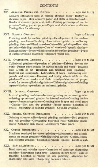 CONTENTS
CHAP.
XV. ABRASIVE PAPERS AND CLOTHS Pages 166 to 175
Abrasive substances used in making abrasive paper History of
abrasive paper How abrasive paper and cloth is manufactured
Grades of abrasive paper and cloth Finding percentage of iron in
garnet Testing garnet paper Paper and cloth abrasive discs--
Testing discs for efficiency.
XVI. SURFACE GRINDING Pages 176 to 215
Finishing work by surface
grinding Development of the surface
grinding machine Finishing locomotive guide bars Rotary
grinding fixture Wheel speeds Cuts Die grinding How dies
are held Grinding punches Care of wheels Magnetic chucks
Demagnetizes Proper wheel selection for surface grinding Types
of surface-grinding machines Standard wheel list.
XVII. CYLINDRICAL GRINDING Pages 216 to 242
Cylindrical grinders Operation of grinders Driving devices for
work Proper wheel speeds for various metals and work Traverse
feed Depth of cut Roughing and finishing cuts Sparking
Backrest and steadyrests Lubrication of work Lubricating com
pounds and mixtures Dressing and truing wheels while on the
grinder Chatter marks and their remedy Selection of proper
wheels for use on cylindrical grinders Universal grinders Grinding
tapers Various operations on universal grinder.
XVIII. INTERNAL GRINDING Pages 243 to 262
Internal grinding machines Internal grinding on universal grinder
Setting up universal grinder for internal work Grinding double
tapers Automatic grinders Grinding holes in spur and bevel gears
Chucks Wet and dry grinding Proper speeds Selection of
wheels Operating of cylinder grinders Cylinder grinding.
XIX. SPECIAL GRINDING OPERATIONS Pages 263 to 289
Grinding calender rolls Special grinding machines Roll grinders
and roll grinding Corrugating flour-mill rolls Grinding crank-
shafts Grinding cam shafts Locomotive valve gears.
XX. CUTTER SHARPENING Pages 290 to 307
Machines employed for cutter grinding Adjustments and attach-
ments on cutter grinders Grinding spiral cutters General opera-
tion of cutter grinders Selection of wheels Speeds Depth of cut.
XXI. SAW SHARPENING Pages 308 to 321
Band saws and circular saws Operation of band-saw sharpening
machine Sharpening band saws Grinding in new teeth Care of
machine Selection of wheels for saw gumming Machines for
sharpening cold saws Sharpening hack-saw blades.
ii
 
