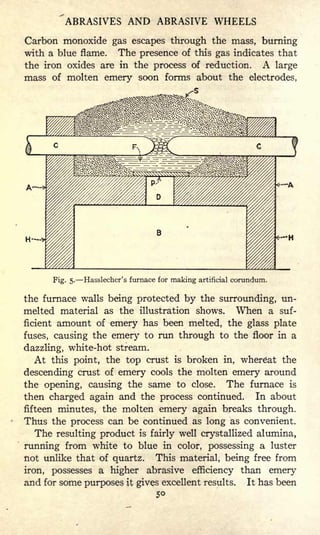ABRASIVES AND ABRASIVE WHEELS
Carbon monoxide gas escapes through the mass, burning
with a blue flame. The presence of this gas indicates that
the iron oxides are in the process of reduction. A large
mass of molten emery soon forms about the electrodes,
Fig. 5. Hasslecher's furnace for making artificial corundum.
the furnace walls being protected by the surrounding, un-
melted material as the illustration shows. When a suf-
ficient amount of emery has been melted, the glass plate
fuses, causing the emery to run through to the floor in a
dazzling, white-hot stream.
At this point, the top crust is broken in, whereat the
descending crust of emery cools the molten emery around
the opening, causing the same to close. The furnace is
then charged again and the process continued. In about
fifteen minutes, the molten emery again breaks through.
Thus the process can be continued as long as convenient.
The resulting product is fairly well crystallized alumina,
running from white to blue in color, possessing a luster
not unlike that of quartz. This material, being free from
iron, possesses a higher abrasive efficiency than emery
and for some purposes it gives excellent results. It has been
5
 