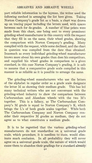 ABRASIVES AND ABRASIVE WHEELS
part reliable information to the layman, the writer used the
following method in arranging the list here given. Taking
Norton Company's grade list as a basis, a chart was drawn
up on tracing paper including the letters used, with spaces
between each for de-grades. A number of blue prints were
made from this chart, one being sent to every prominent
grinding-wheel manufacturer in this country with the request
that they fill in on the same, their wheel grades, showing
the comparison with Norton Company's grading. Many
complied with the request, while some declined, and the chart
in question was compiled from the date thus obtained.
Inasmuch as every individual grinding-wheel manufacturer
knows more about his own grades than does his competitors,
and supplied his wheel grades in comparison to a given
standard, in this case Norton Company's grading, it is safe
to assume that a comparative grade scale compiled in this
manner is as reliable as it is possible to arrange the same.
The grinding-wheel manufacturers who use the letters
of the alphabet in regular order as a grade scale designate
the letter M as showing their medium grade. This has led
many technical writers who are not conversant with the
grinding-wheel industry to show the comparison between
Carborundum and Alundum wheels with the two M's
together. This is a fallacy, as The Carborundum Com-
pany's M grade is equal to Norton Company's K, which
brings the L's of both grade scales together. While both
The Carborundum Company and Norton Company con-
sider their respective M grades as medium, they do not
agree as to what constitutes a medium grade.
It is to be regretted that the various grinding-wheel
manufacturers do not standardize on a universal grade
scale, which procedure, it is needless to state, would elim-
inate much confusion. In all probability they will never
agree on a universal grade scale, the nature of which would
cause them to abandon their gradings for a standard already.
92
 