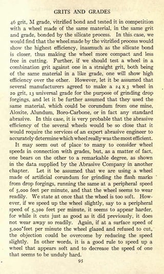 GRITS AND GRADES
46 grit, M grade, vitrified bond and tested it in competition
with a wheel made of the same material, in the same grit
and grade, bonded by the silicate process. In this case, we
would find that the wheel made by the vitrified process would
show the highest efficiency, inasmuch as the silicate bond
is closer;
thus making the wheel more compact and less
free in cutting. Further, if we should test a wheel in a
combination grit against one in a straight grit, both being
of the same material in a like grade, one will show high
efficiency over the other. However, let it be assumed that
several manufacturers agreed to make a 24 x 3 wheel in
20 grit, 13 universal grade for the purpose of grinding drop
forgings, and let it be further assumed that they used the
same material, which could be corundum from one mine,
Aloxite, Alundum, Boro-Carbone, or in fact any standard
abrasive. In this case, it is very probable that the abrasive
efficiency of the several wheels would be so close that it
would require the services of an expert abrasive engineer to
accurately determine which wheel really was the most efficient.
It may seem out of place
'
to many to consider wheel
speeds in connection with grades, but, as a matter of fact,
one bears on the other to a remarkable degree, as shown
in the data supplied by the Abrasive Company in another
chapter. Let it be assumed that we are using a wheel
made of artificial corundum for grinding the flash marks
from drop forgings, running the same at a peripheral speed
of 5,000 feet per minute, and that the wheel seems to wear
readily. We state at once that the wheel is too soft. How-
ever, if we speed up the wheel slightly, say to a peripheral
speed of 5,300 feet per minute, it seems to appear harder,
for while it cuts just as good as it did previously, it does
not wear away so readily. Again, if at a surface speed of
5, ooo* feet per minute the wheel glazed and refused to cut,
the objection could be overcome by reducing the speed
slightly. In other words, it is a good rule to speed up a
wheel that appears soft and to decrease the speed of one
that seems to be unduly hard.
95
 