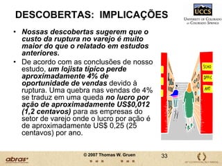 Background: Âmbito PORQUE AS TAXAS DE RUPTURA NÃO FORAM ALTERADAS?As inovações tecnológicas foram suplantadas pela complexidade dos procesosProliferação de SKU Proliferação de PromoçõesNível de sortimento da lojaNível de planograma da empresaOs varejistas são cada vez mais pressionados a reduzirem seus custos de trabalhistas20© 2007 Thomas W. Gruen