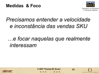 Cálculo da perda de oportunidade vendas de uma empresa provocado pela ruptura:Taxa de Ruptura 	_______%	xPerda Média por Categoria	_______%	xTotal Categoria/Vendas da Empresa $_____	=Perda de Oportunidade de Vendas provocada pela Ruptura  $_____Examplo:Taxa Média de Ruptura 8%	XPerda Média	30%	XVendas da Categoria$1B	=Vendas não Realizadas  $24,000,000Perda de oportunidade de vendas típica de um Lojista//$1B em vendas totais que corresponde a $32 milhões32© 2007 Thomas W. Gruen