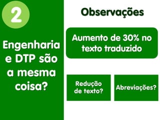 2 
Engenharia 
e DTP são 
a mesma coisa? 
Observações 
Redução de texto? 
Abreviações? 
Aumento de 30% no texto traduzido  