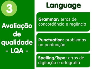 3 
Avaliação de qualidade - LQA - 
Language 
Grammar: erros de concordância e regência 
Punctuation: problemas na pontuação 
Spelling/Typo: erros de digitação e ortografia  
