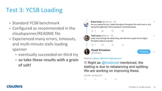 44© Cloudera, Inc. All rights reserved.
Test 3: YCSB Loading
• Standard YCSB benchmark
• Configured as recommended in the
...