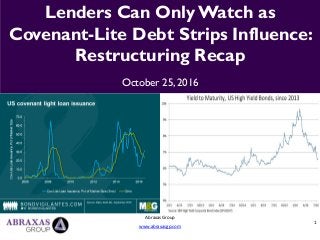 1
Abraxas Group
www.abraxasgp.com
Lenders Can Only Watch as
Covenant-Lite Debt Strips Influence:
Restructuring Recap
October 25, 2016
 