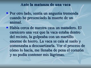 Ante la matanza de una vaca Por otro lado, sentía un angustia tremenda cuando he presenciado la muerte de un animal. Había cerca de nuestra casa un matadero. El carnicero una vez que la vaca estaba dentro del recinto, la golpeaba con un martillo enorme de hierro. La vaca se caía al suelo y comenzaba a descuartizarla. Ver el proceso de cómo lo hacía, me llenaba de pena el corazón y no podía contener mis lágrimas.  