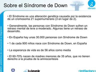 Sobre el Síndrome de Down
• El Síndrome es una alteración genética causada por la existencia
de un cromosoma 21 supernumerario (3 en lugar de 2).
• Generalmente, las personas con Síndrome de Down sufren un
retraso mental de leve a moderado. Algunas tiene un retraso de
desarrollo.
• En España hay unas 30.000 personas con Síndrome de Down
• 1 de cada 900 niños nace con Síndrome de Down, en España
• La esperanza de vida es de 56 años como media
• El 60-70% nacen de madres menores de 35 años, que no tienen
derecho a la prueba de la amniocentesis
 