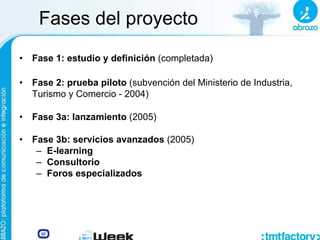 Fases del proyecto
• Fase 1: estudio y definición (completada)
• Fase 2: prueba piloto (subvención del Ministerio de Industria,
Turismo y Comercio - 2004)
• Fase 3a: lanzamiento (2005)
• Fase 3b: servicios avanzados (2005)
– E-learning
– Consultorio
– Foros especializados
 