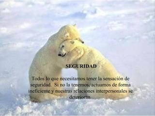 SEGURIDAD Todos lo que necesitamos tener la sensación de seguridad. Si no la tenemos, actuamos de forma ineficiente y nuestras relaciones interpersonales se deterioran