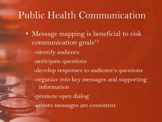 Public Health CommunicationMessage mapping is beneficial to risk communication goals15-identify audience-anticipate questions-develop responses to audience’s questions-organize into key messages and supporting information-promote open dialog-ensure messages are consistent