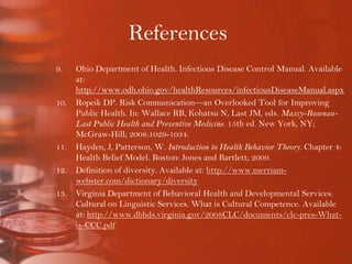 ReferencesOhio Department of Health. Infectious Disease Control Manual. Available at: http://www.odh.ohio.gov/healthResources/infectiousDiseaseManual.aspxRopeik DP. Risk Communication—an Overlooked Tool for Improving Public Health. In: Wallace RB, Kohatsu N, Last JM, eds. Maxcy-Rosenau-Last Public Health and Preventive Medicine. 15th ed. New York, NY; McGraw-Hill; 2008:1029-1034.Hayden, J, Patterson, W. Introduction to Health Behavior Theory. Chapter 4: Health Belief Model. Boston: Jones and Bartlett; 2009.Definition of diversity. Available at: http://www.merriam-webster.com/dictionary/diversityVirginia Department of Behavioral Health and Developmental Services. Cultural on Linguistic Services. What is Cultural Competence. Available at: http://www.dbhds.virginia.gov/2008CLC/documents/clc-pres-What-is-CCC.pdf