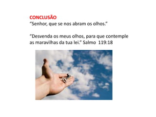 CONCLUSÃO
“Senhor, que se nos abram os olhos.”

“Desvenda os meus olhos, para que contemple
as maravilhas da tua lei.” Salmo 119:18
 