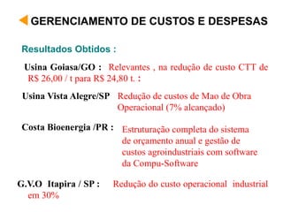 Resultados Obtidos :
GERENCIAMENTO DE CUSTOS E DESPESAS
Usina Goiasa/GO : Relevantes , na redução de custo CTT de
R$ 26,00 / t para R$ 24,80 t. :
Usina Vista Alegre/SP
G.V.O Itapira / SP : Redução do custo operacional industrial
em 30%
Costa Bioenergia /PR : Estruturação completa do sistema
de orçamento anual e gestão de
custos agroindustriais com software
da Compu-Software
Redução de custos de Mao de Obra
Operacional (7% alcançado)
 