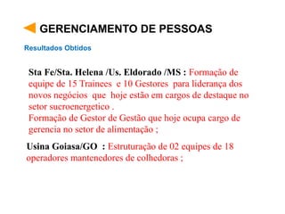 GERENCIAMENTO DE PESSOAS
Resultados Obtidos
Sta Fe/Sta. Helena /Us. Eldorado /MS : Formação de
equipe de 15 Trainees e 10 Gestores para liderança dos
novos negócios que hoje estão em cargos de destaque no
setor sucroenergetico .
Formação de Gestor de Gestão que hoje ocupa cargo de
gerencia no setor de alimentação ;
Usina Goiasa/GO : Estruturação de 02 equipes de 18
operadores mantenedores de colhedoras ;
 