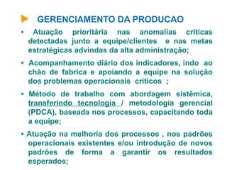 GERENCIAMENTO DA PRODUCAO
• Atuação prioritária nas anomalias criticas
detectadas junto a equipe/clientes e nas metas
estratégicas advindas da alta administração;
• Acompanhamento diário dos indicadores, indo ao
chão de fabrica e apoiando a equipe na solução
dos problemas operacionais críticos ;
• Método de trabalho com abordagem sistêmica,
transferindo tecnologia / metodologia gerencial
(PDCA), baseada nos processos, capacitando toda
a equipe;
• Atuação na melhoria dos processos , nos padrões
operacionais existentes e/ou introdução de novos
padrões de forma a garantir os resultados
esperados;
 
