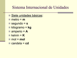 Sistema Internacional de Unidades
 Siete unidades básicas:
 metro = m
 segundo = s
 kilogramo = kg
 amperio = A
 kelvin = K
 mol = mol
 candela = cd
 