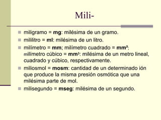 Mili-
 miligramo = mg: milésima de un gramo.
 mililitro = ml: milésima de un litro.
 milímetro = mm; milímetro cuadrado = mm²;
milímetro cúbico = mm3: milésima de un metro lineal,
cuadrado y cúbico, respectivamente.
 miliosmol = mosm: cantidad de un determinado ión
que produce la misma presión osmótica que una
milésima parte de mol.
 milisegundo = mseg: milésima de un segundo.
 