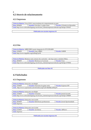 8
4.2 Através de relacionamento

4.2.1 Impressos

Título da Matéria: Vírus H1N1 causa mudança de comportamento no país
Data: 09/08/09           Assunto: Grávidas e a gripe suína         Veículo: O Estado do Maranhão
Link: http://www.oficinadeclipping.com.br/area_cliente/empresa/conteudo.asp?idclip=1769107

                                 Publicados em veículos impresso: 01




4.2.2 Site

Título da Matéria: ABRH 2009 é parte integrante do 35º CONARH
Data: 12/08/09         Assunto: Expo ABRH                          Veículo: SABER
Link: http://www.ongsaber.org.br/blog/?p=90



Título da Matéria: Mentiras mais comum dos currículos - não faça como a ministra Dilma
Data: 28/08/09           Assunto: Mentiras no Currículo             Veículo: Vooz
Link: http://www.oficinadeclipping.com.br/area_cliente/empresa/conteudo.asp?idclip=1778760



                                       Publicados em Sites: 02



4.3 Solicitados

4.3.1 Impressos

Título da Matéria: Entrevista com Ralph
Data: 15/08/09           Assunto: Panorama da gripe suína      Veículo: Expresso MT
Link: http://www.expressomt.com.br/noticia.asp?cod=36620&codDep=8

Título da Matéria: Entrevista com Ralph
Data: 31/08/09           Assunto: Fumantes                         Veículo: Jornal da tarde
Link: http://www.oficinadeclipping.com.br/area_cliente/empresa/conteudo.asp?idclip=1780869

Título da Matéria: Entrevista com Lizette
Data: 28/08/09           Assunto: Referências profissionais        Veículo: Jornal Oportunidade
Link: Impresso

Título da Matéria: Entrevista com Lizette
Data: 01/08/09           Assunto: secretárias                      Veículo: ABNews
Link: Impresso

                                 Publicados em veículos impresso: 04
 