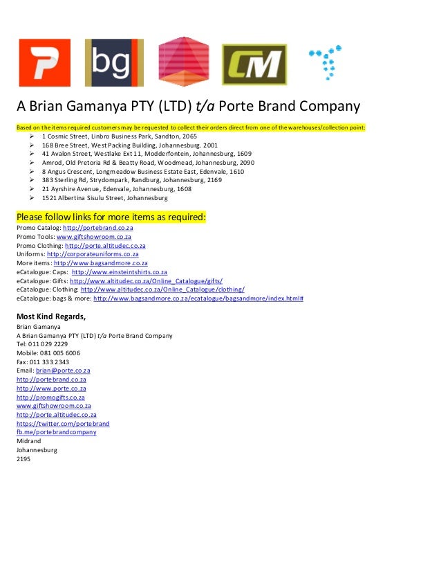 A Brian Gamanya Pty Ltd Porte Brand Company Product Catalogue