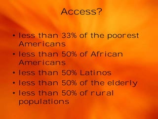 Access?
• less than 33%
Americans
• less than 50%
Americans
• less than 50%
• less than 50%
• less than 50%
populations

o...