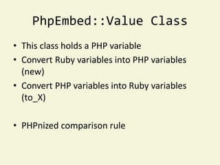 p_ary = PhpEmbed::Value.new([1, 2, 3])
  PhpEmbed::Value sample code
p p_ary                   # Array
p p_ary.to_a       ...