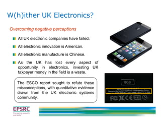 W(h)ither UK Electronics?
Overcoming negative perceptions
All UK electronic companies have failed.
All electronic innovation is American.
All electronic manufacture is Chinese.
As the UK has lost every aspect of
opportunity in electronics, investing UK
taxpayer money in the field is a waste.
The ESCO report sought to refute these
misconceptions, with quantitative evidence
drawn from the UK electronic systems
community.

 