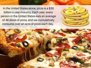 In the United States alone, pizza is a $30
billion a year industry. Each year, every
person in the United States eats an average
of 46 slices of pizza, and we cumulatively
consume over an acre of pizza each day.
 