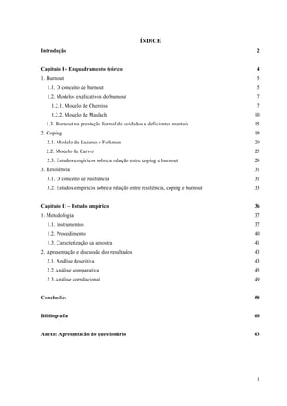   1
ÍNDICE
Introdução 2
Capítulo I - Enquadramento teórico 4
1. Burnout 5
1.1. O conceito de burnout 5
1.2. Modelos explicativos do burnout 7
1.2.1. Modelo de Cherniss 7
1.2.2. Modelo de Maslach 10
1.3. Burnout na prestação formal de cuidados a deficientes mentais 15
2. Coping 19
2.1. Modelo de Lazarus e Folkman 20
2.2. Modelo de Carver 25
2.3. Estudos empíricos sobre a relação entre coping e burnout 28
3. Resiliência 31
3.1. O conceito de resiliência 31
3.2. Estudos empíricos sobre a relação entre resiliência, coping e burnout 33
Capítulo II – Estudo empírico 36
1. Metodologia 37
1.1. Instrumentos 37
1.2. Procedimento 40
1.3. Caracterização da amostra 41
2. Apresentação e discussão dos resultados 43
2.1. Análise descritiva 43
2.2.Análise comparativa 45
2.3.Análise correlacional 49
Conclusões 58
Bibliografia 60
Anexo: Apresentação do questionário 63
 